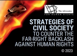 [ai] Text on a dark background reads: 'Strategies of Civil Society to Counter the Far-Right Backlash Against Human Rights.' A logo for 'The Advocates for Human Rights' appears in the top right corner. The image features abstract flames.